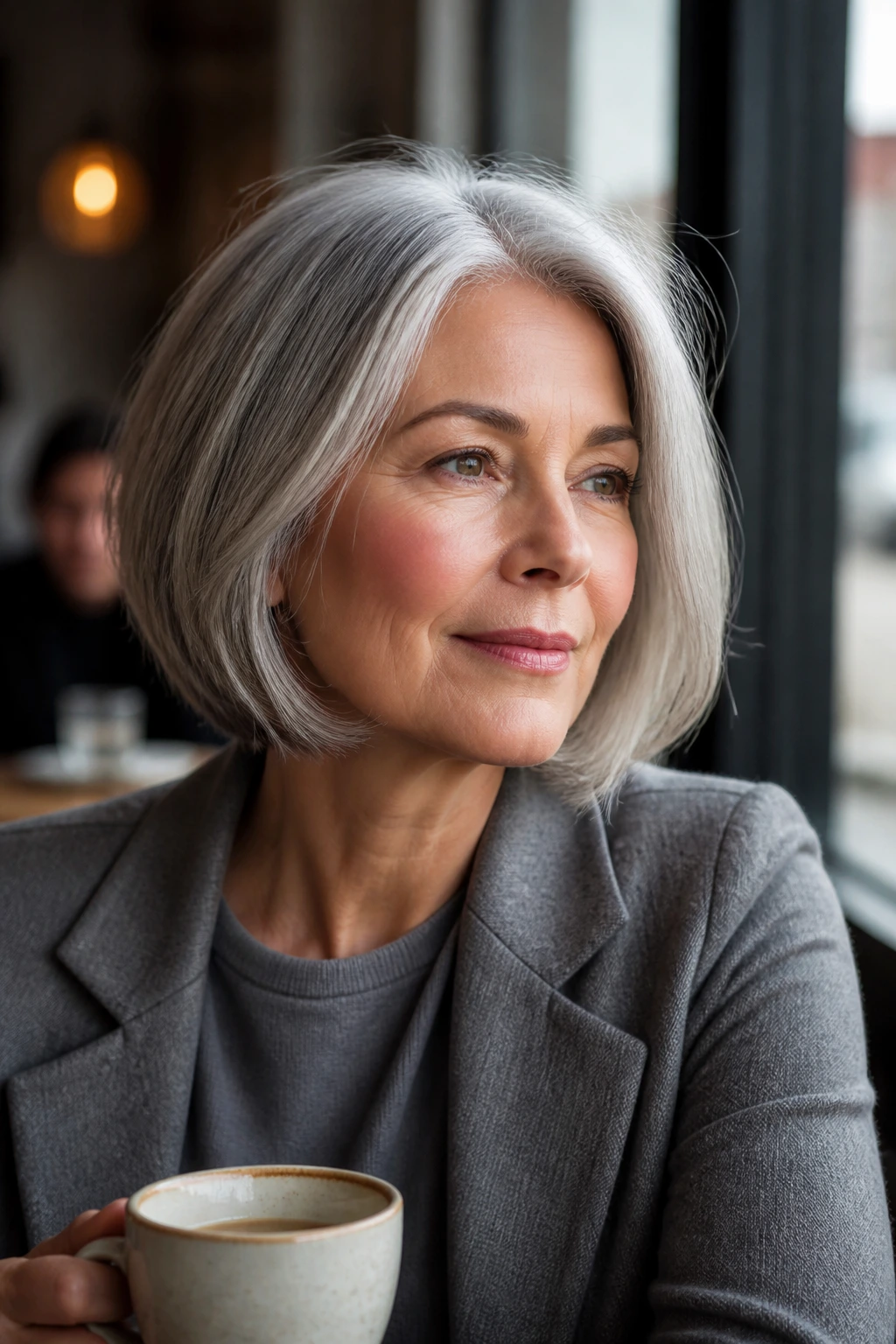 Real person with silver-gray bob in cafe setting.