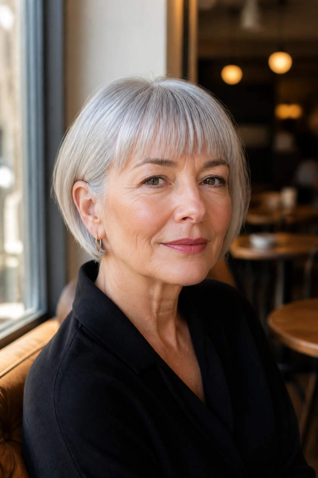 Portrait of a woman with a short gray bob and crisp fringe styled to look intentional.
