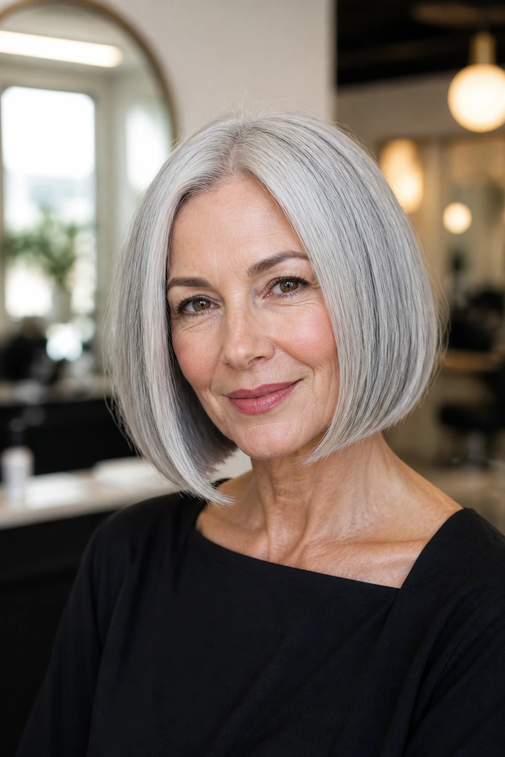 Portrait of a woman with a silver-gray chin-length bob in a softly lit salon