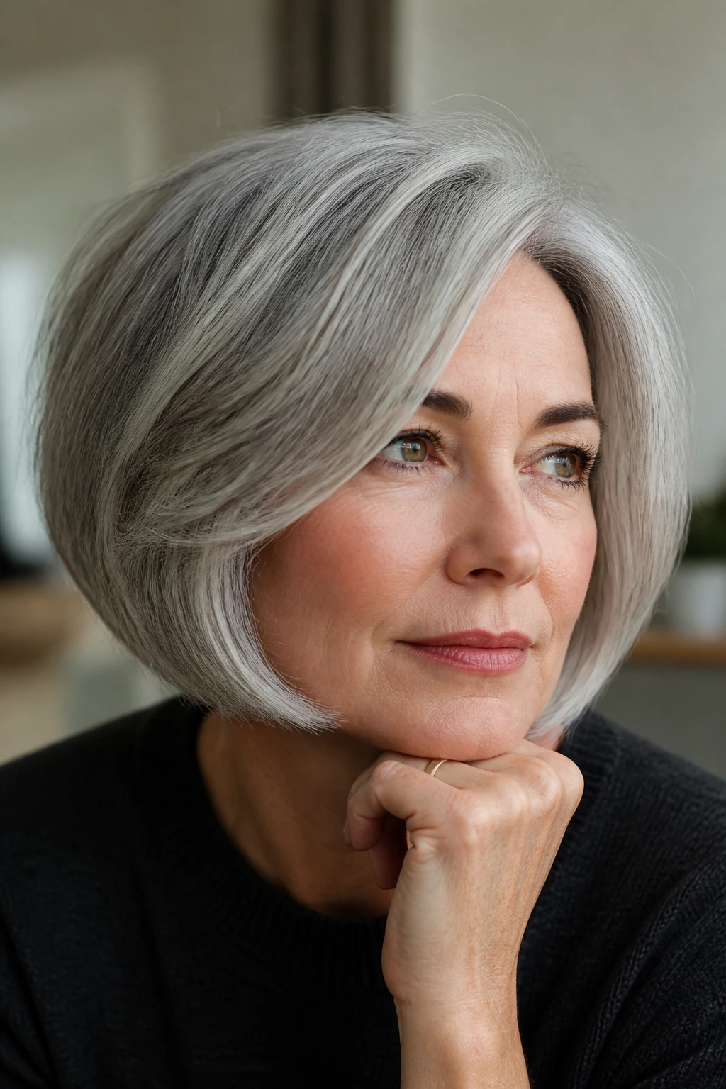 Real person with a gray bob showing texture and shape tailored to hair type.