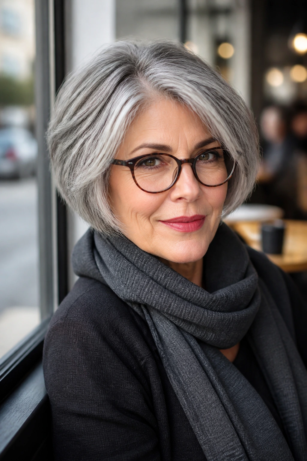 Woman with textured gray bob showing adaptable shape in natural light.