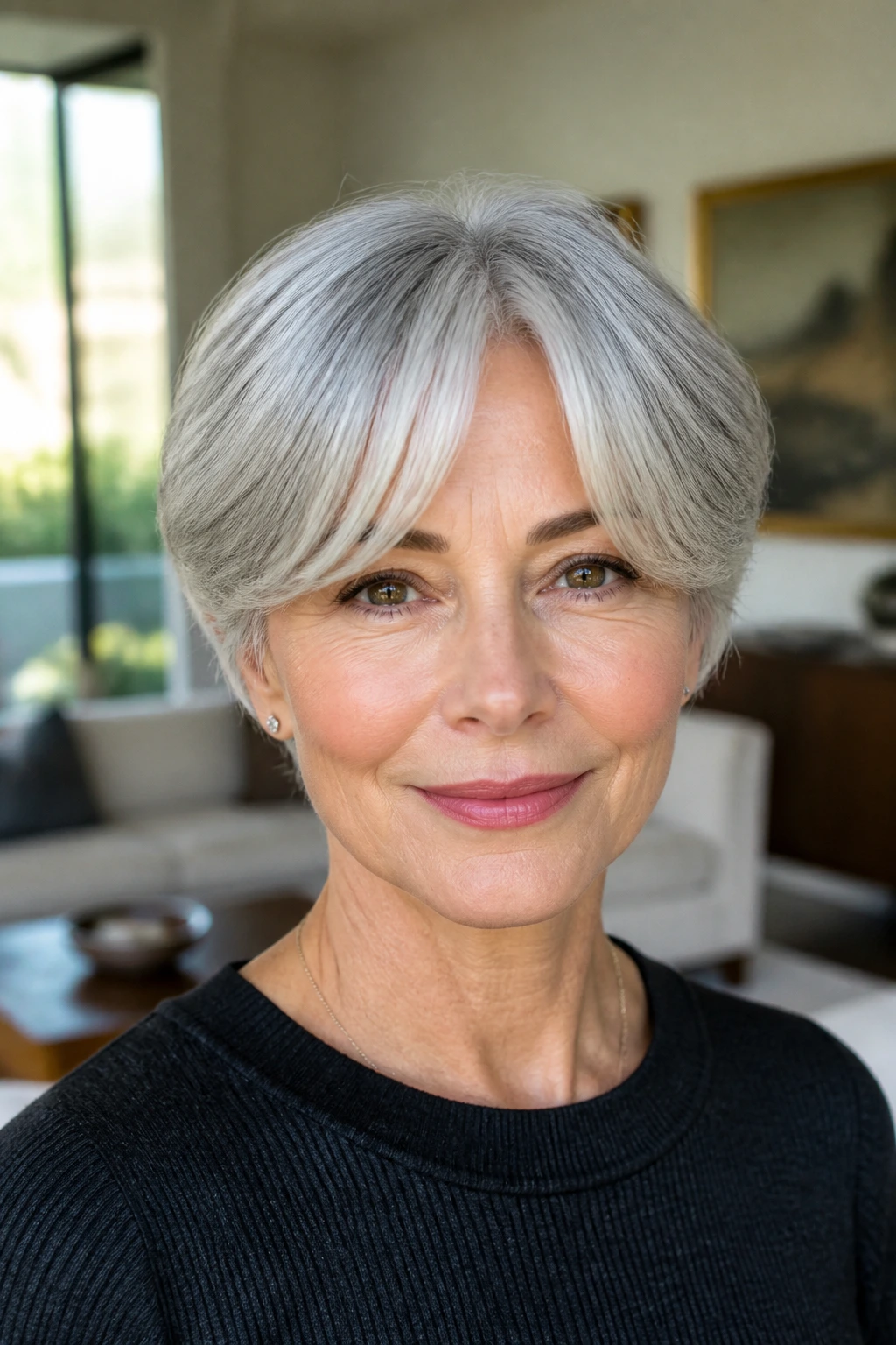 Close-up of a real woman with gray crop and curtain bangs