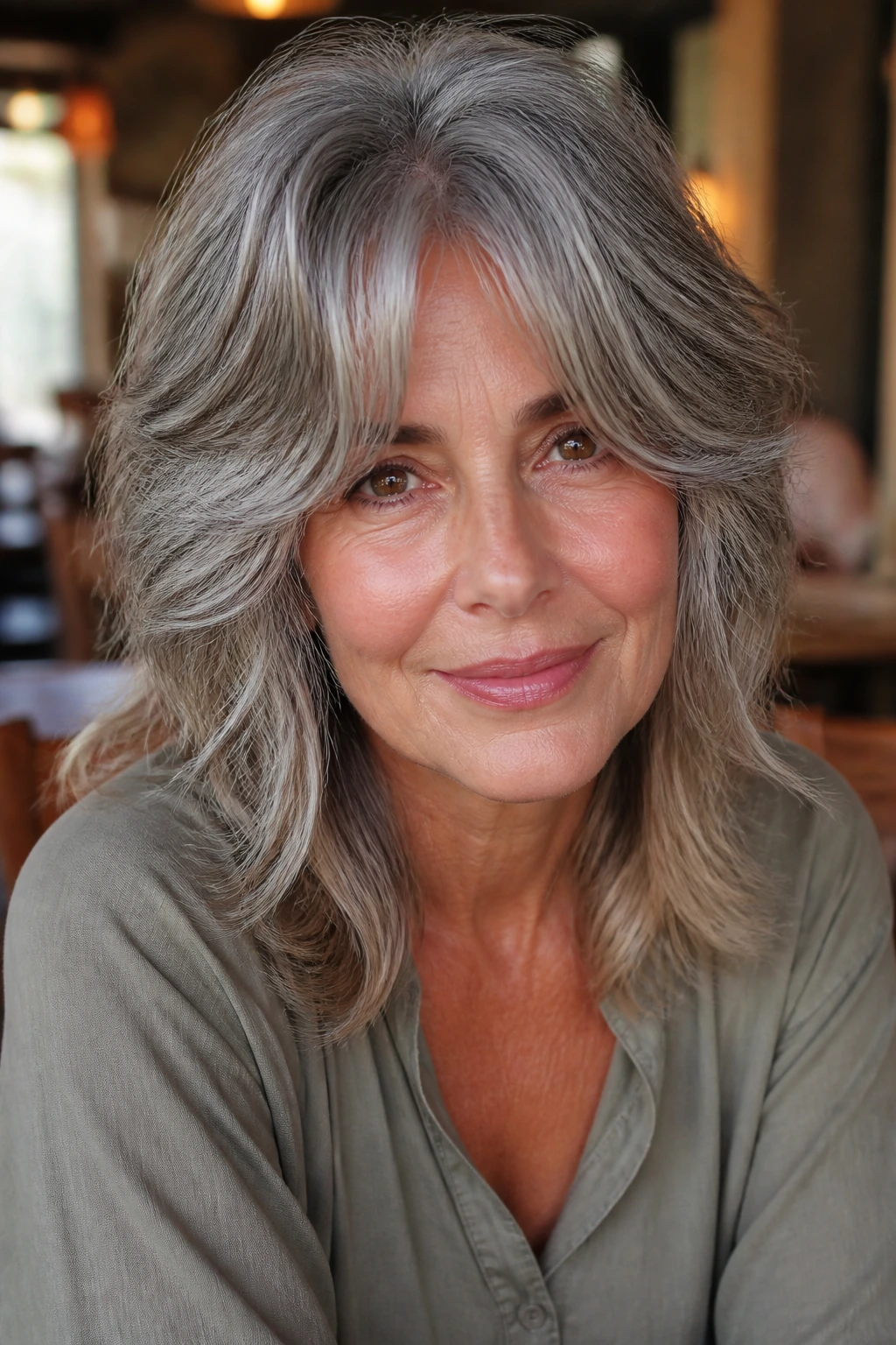 Real woman with gray crown-lift shag and curtain bangs