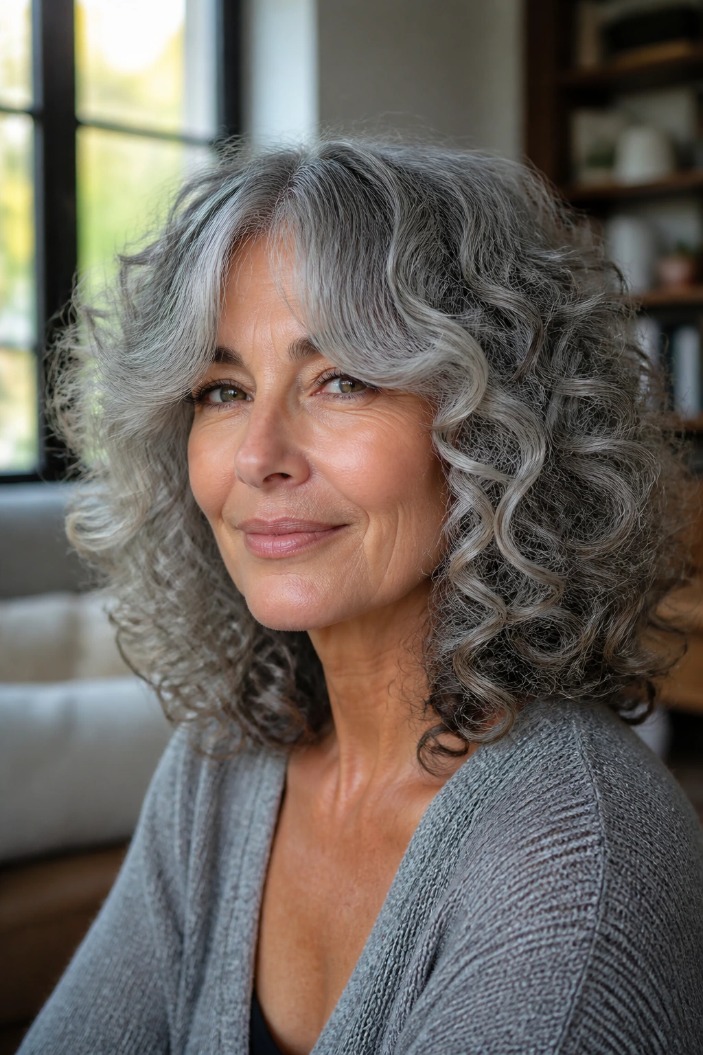 Close-up of a gray-haired woman with spiral layers and curtain bangs in soft daylight