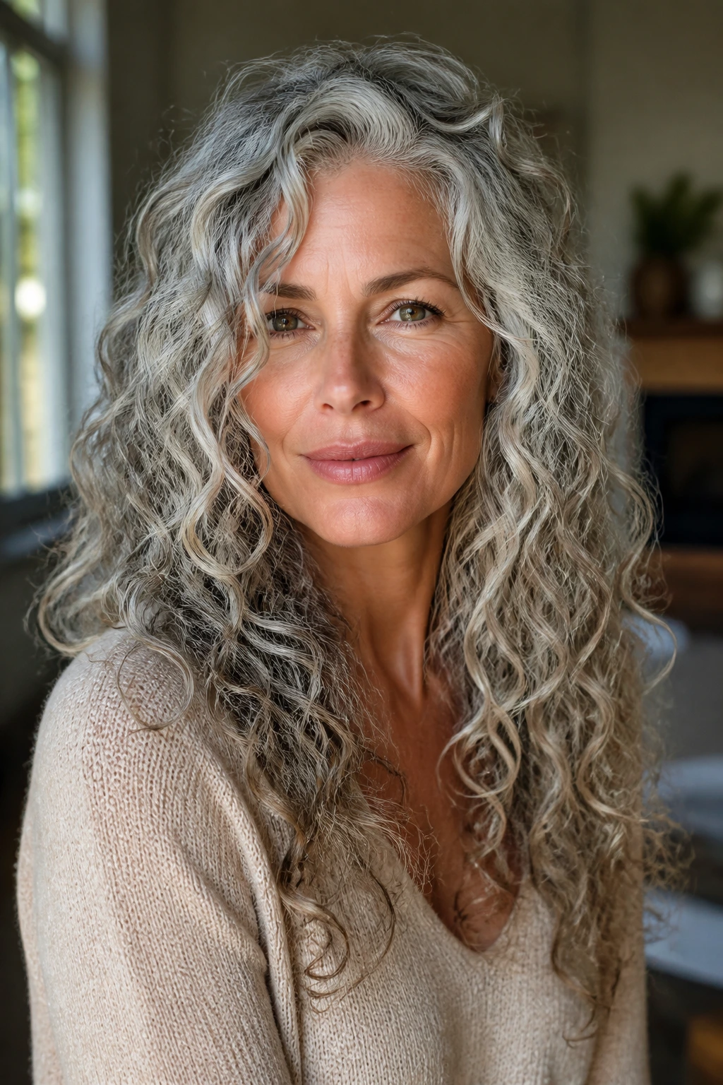 Close-up portrait of a real woman with long gray curls showing internal layers