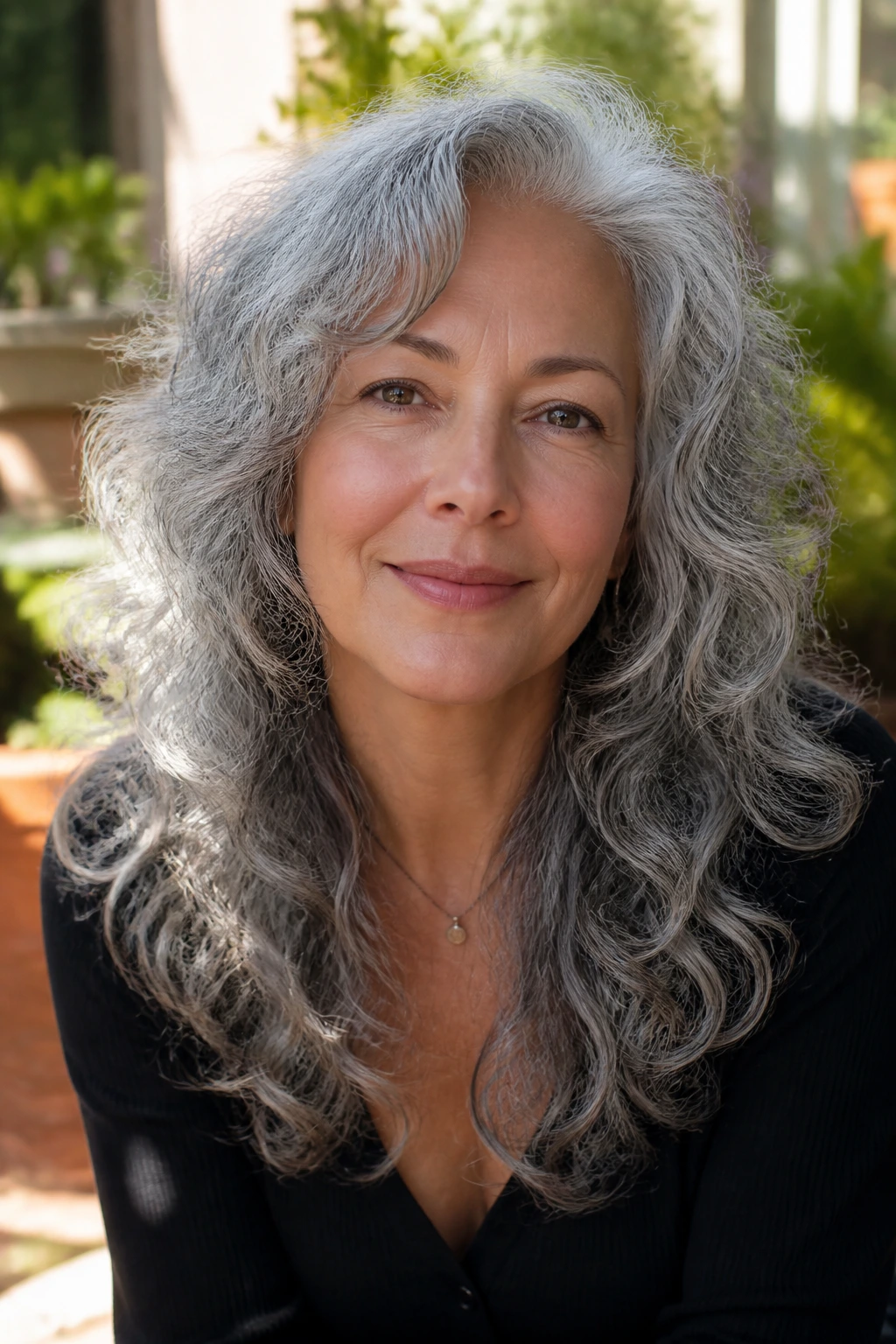 Close-up of a real woman with long gray layered curls