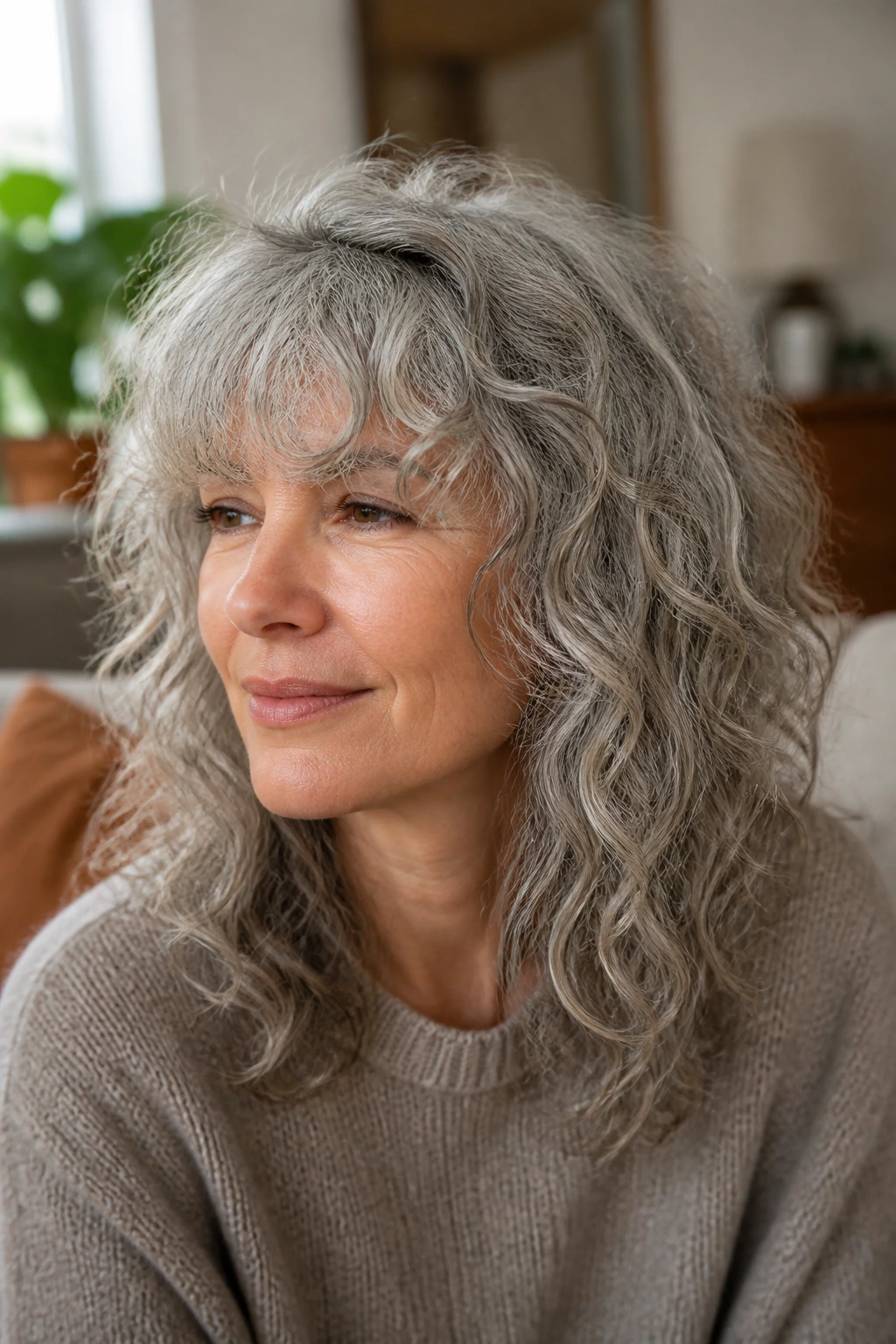 Close-up of a real person with natural gray curls and a silvery fringe.