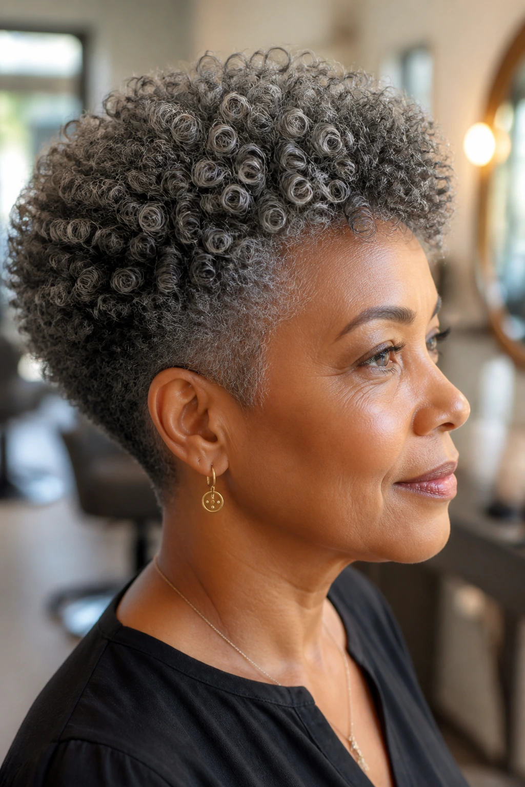 Close-up of a real woman with gray, tapered curly coils