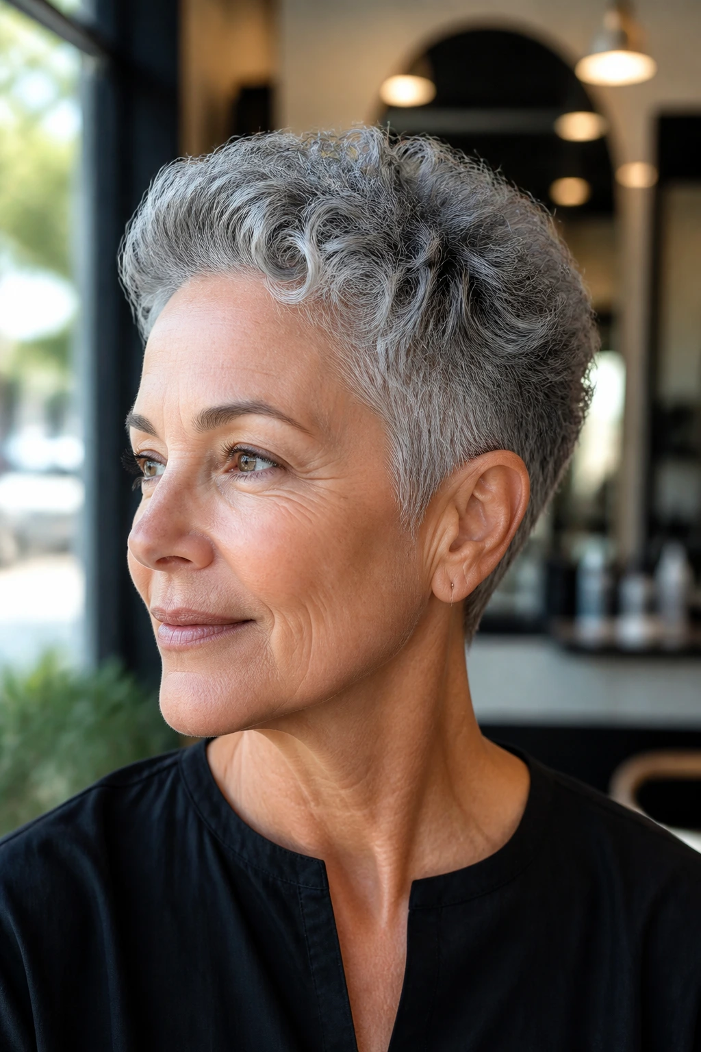 Close-up portrait of a real person with short gray curls and tapered sides.