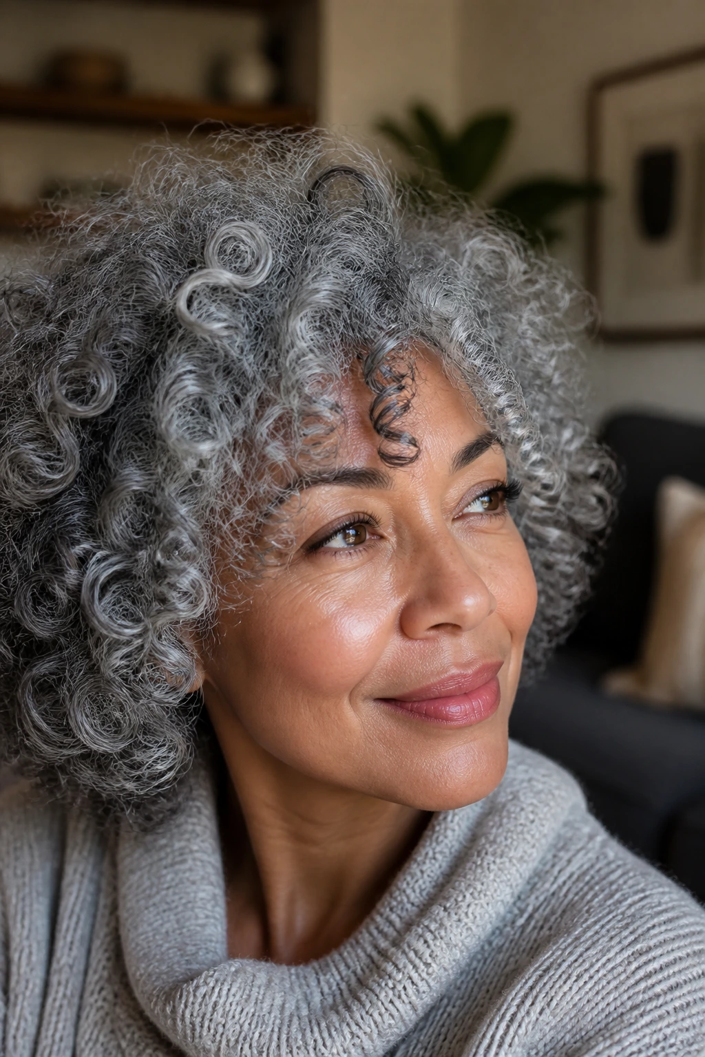 Close-up of a real person with curly gray hair showing dimensional light and shadow.