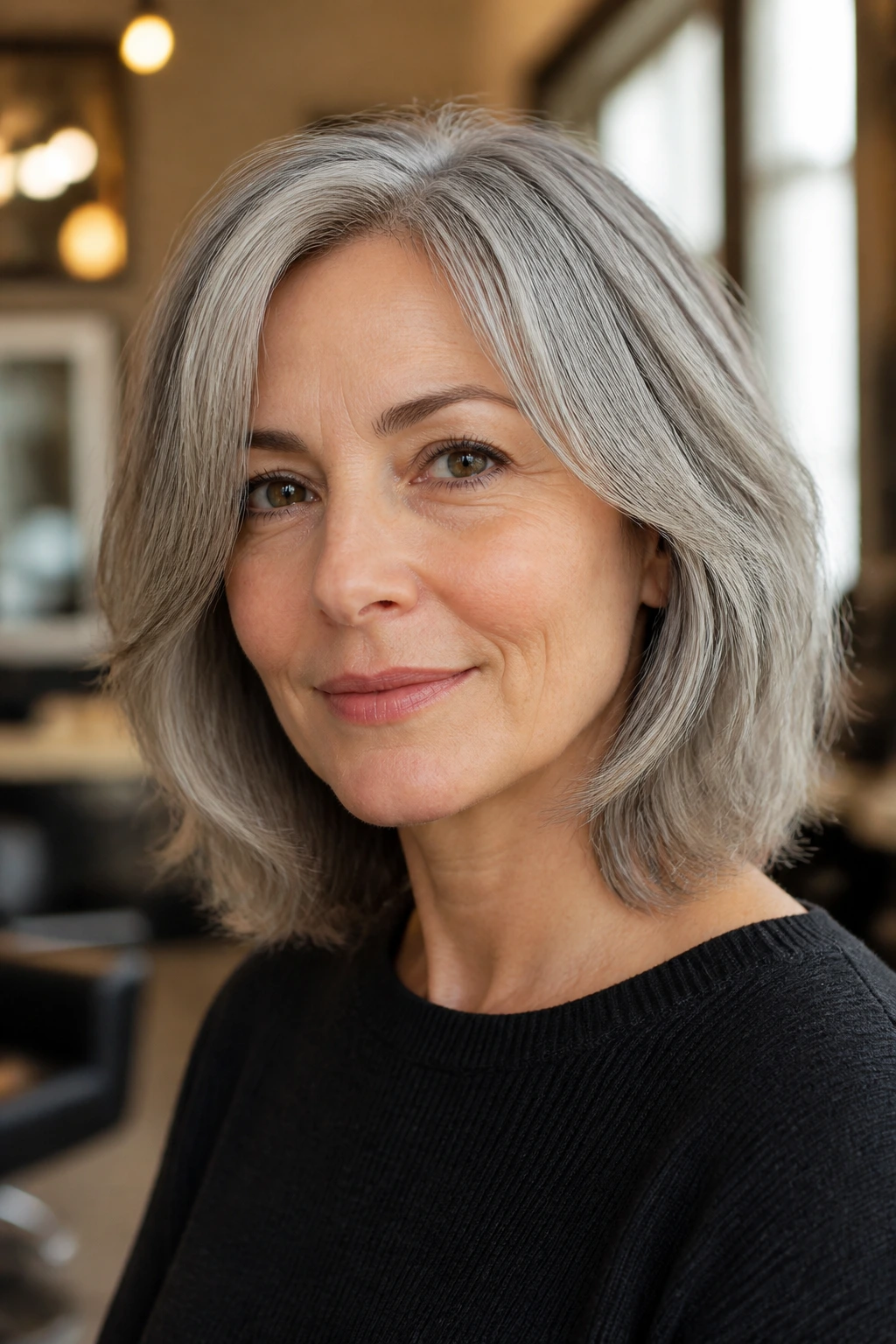 Portrait of a real woman with a textured gray cut showing shape and texture