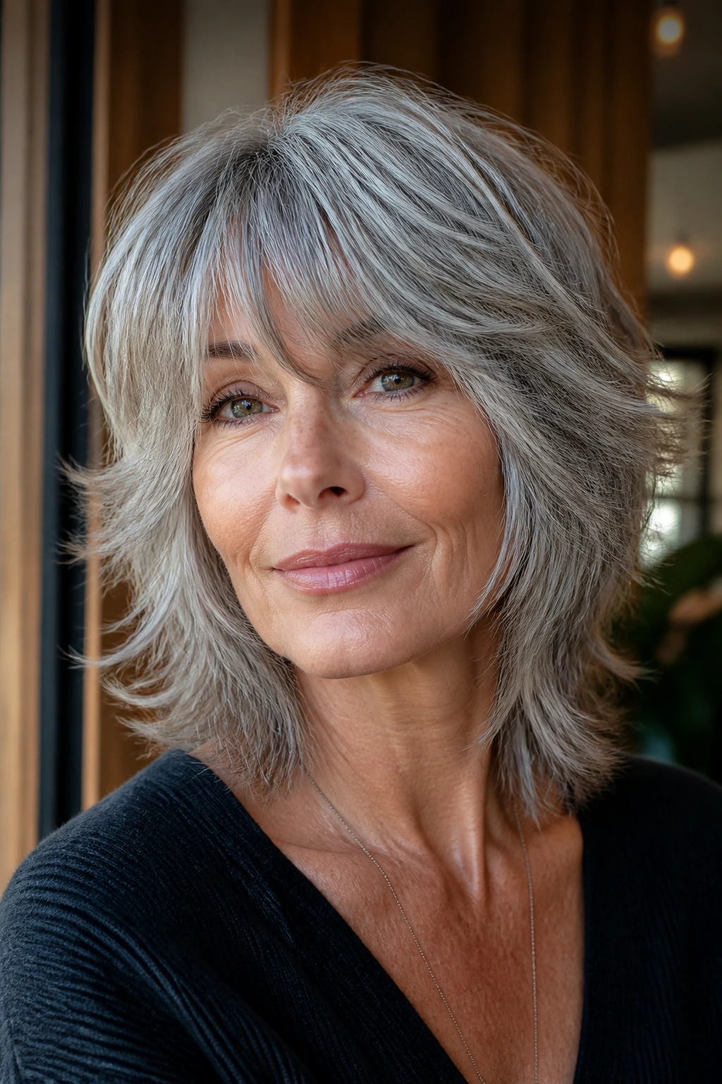 Close-up of a real woman with a silver-gray shag featuring glossy shine and lifted perimeter.