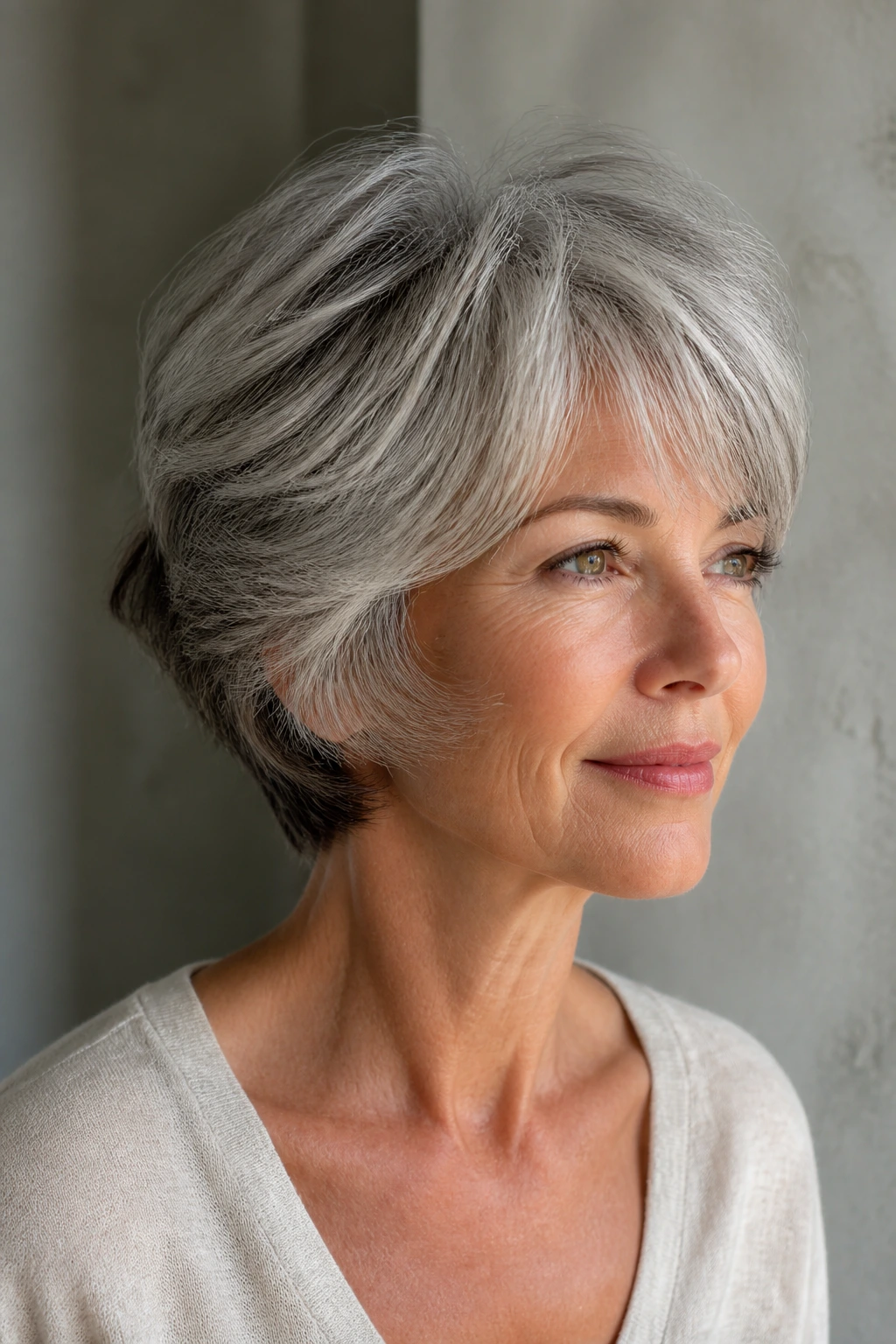 Portrait of a person with gray-glow feathered cut and silver hair in soft light