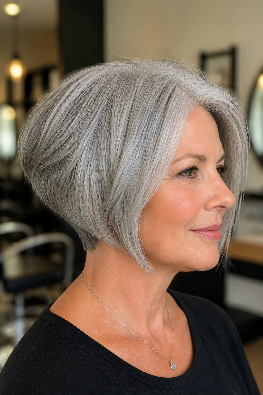 Close-up portrait of a real woman with gray graduated stacked bob in a warm salon setting