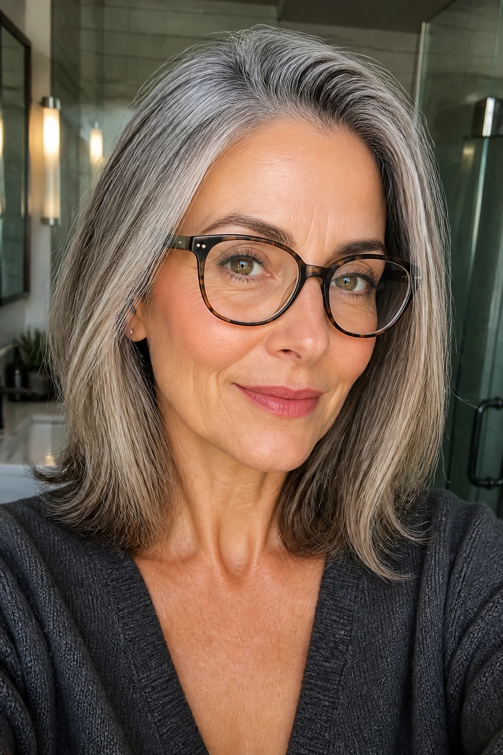 Portrait of a woman with natural gray hair grow-out and clean part
