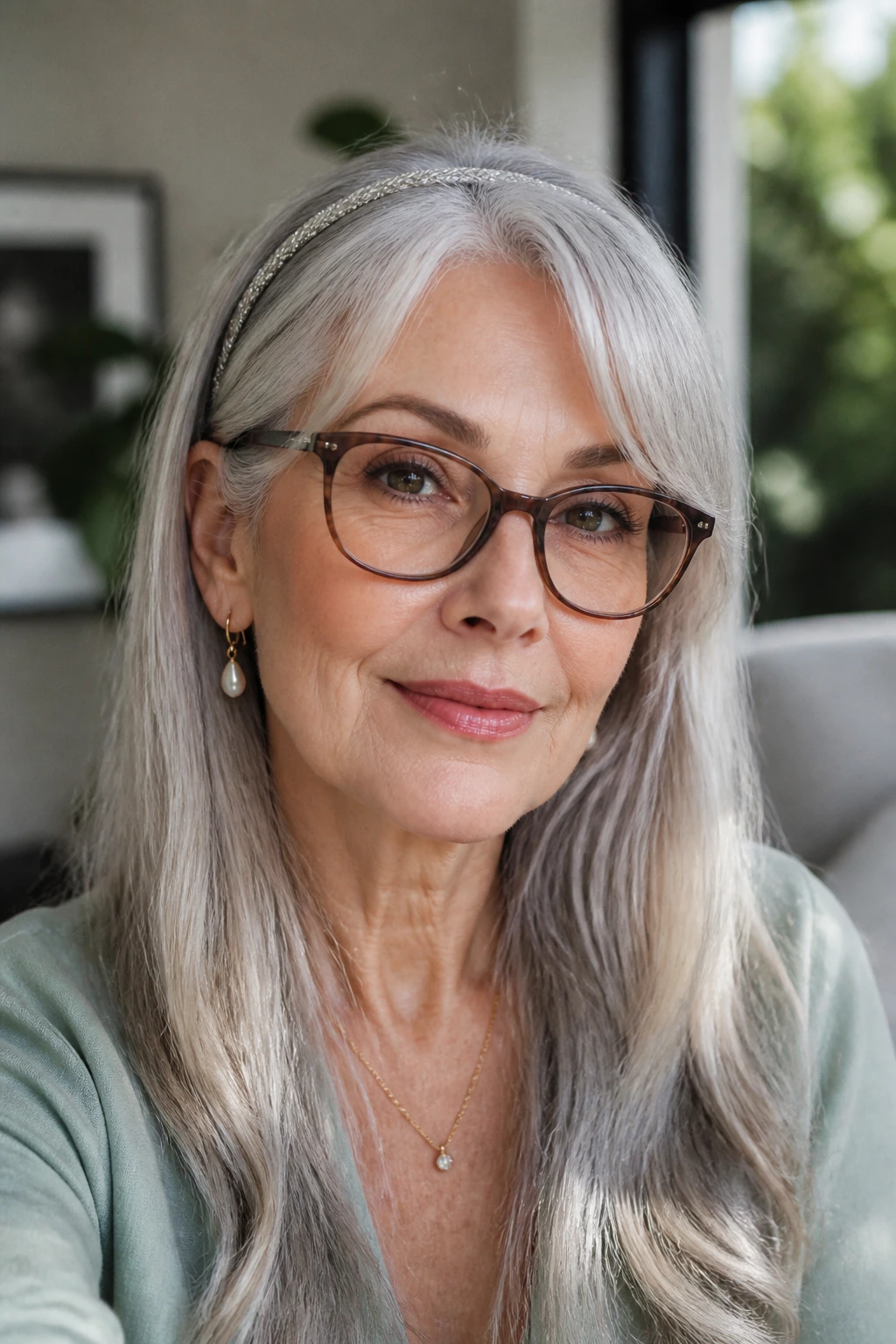 Older woman with long gray hair wearing glasses and delicate accessories.