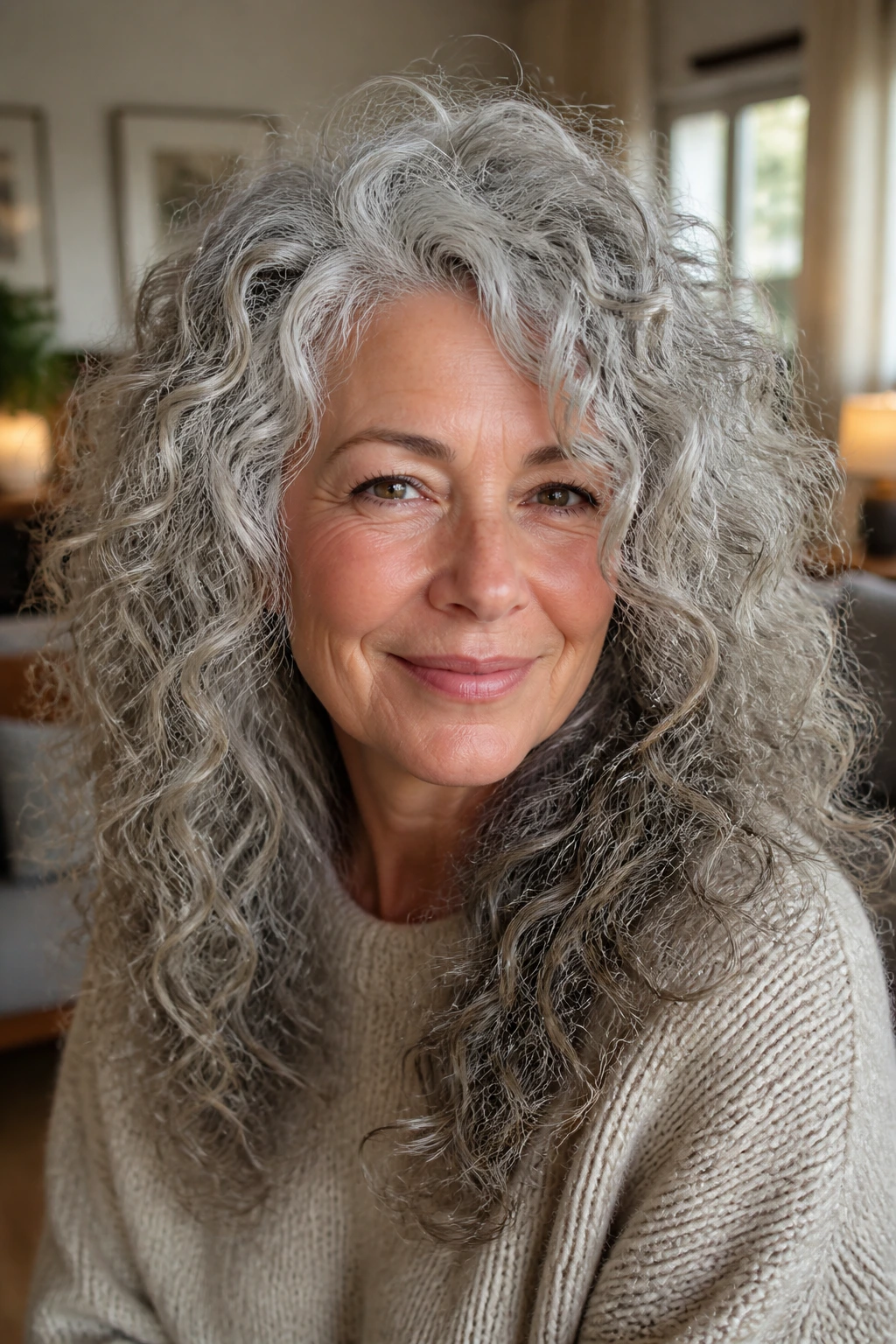 Close-up of a real woman with airy diffused gray curls