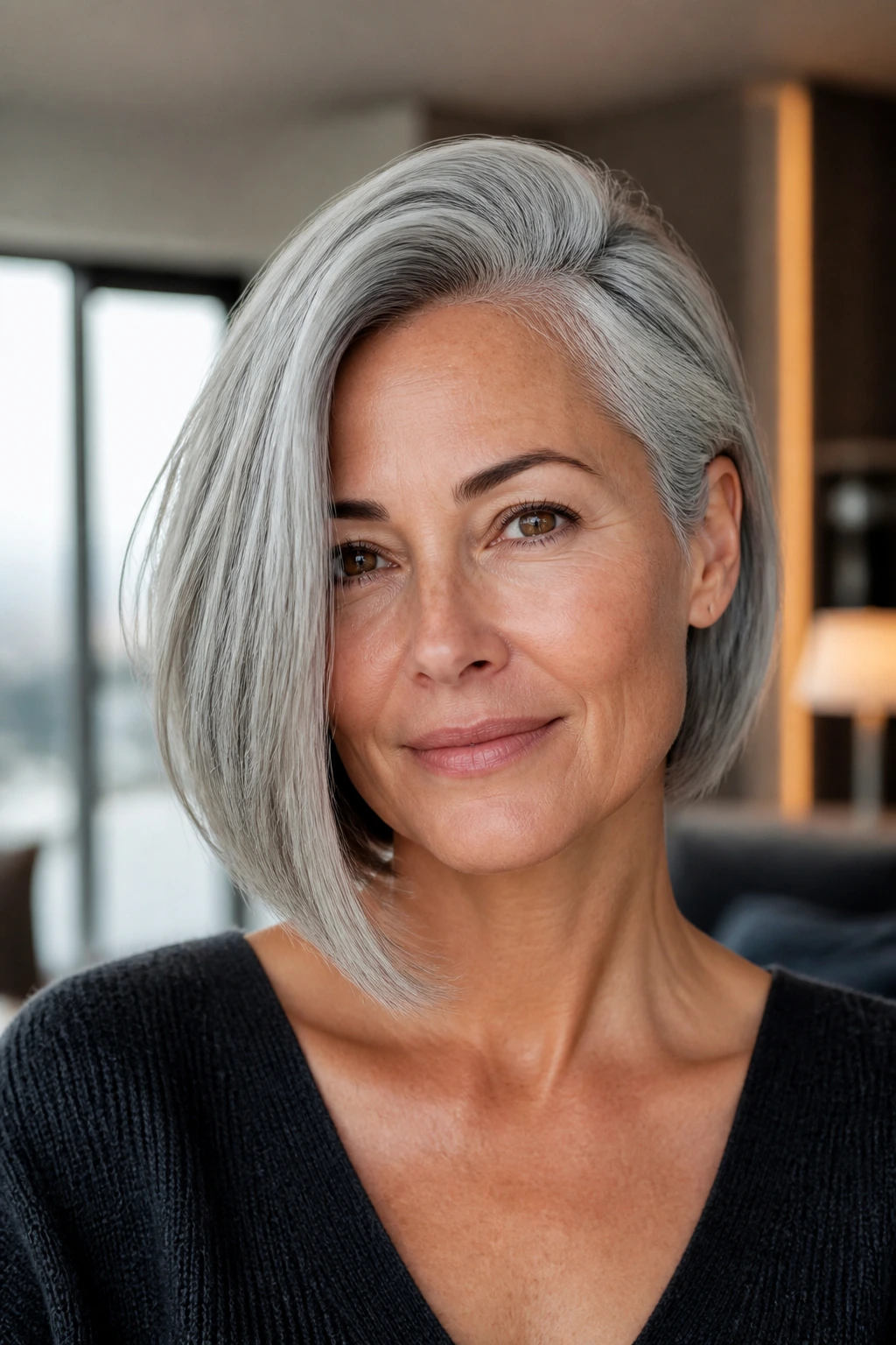 Portrait of real woman with asymmetrical bob and deep part