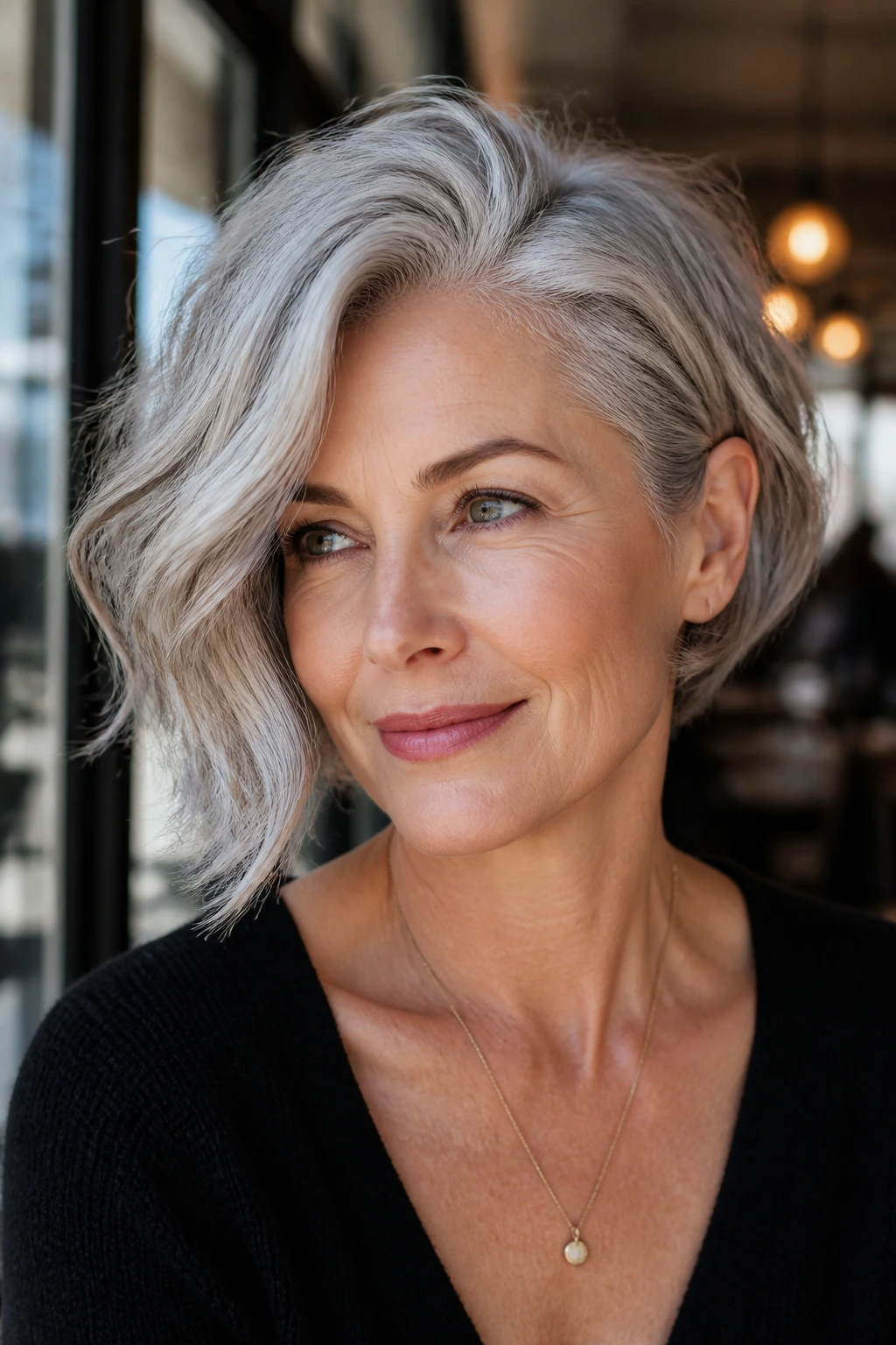 Close-up portrait of a real woman with a silver-gray asymmetrical bob
