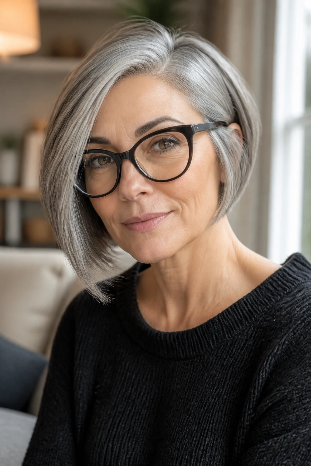 Close-up portrait of a real woman with gray asymmetrical bob and glasses in warm natural light