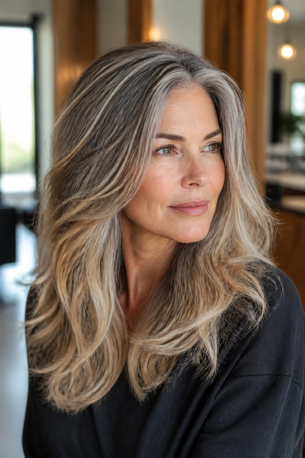 Close-up of a real woman with salt-and-pepper balayage blending into bright ends