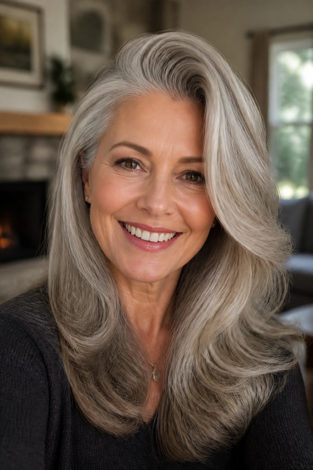 Portrait of an older woman with voluminous gray blowout and side sweep