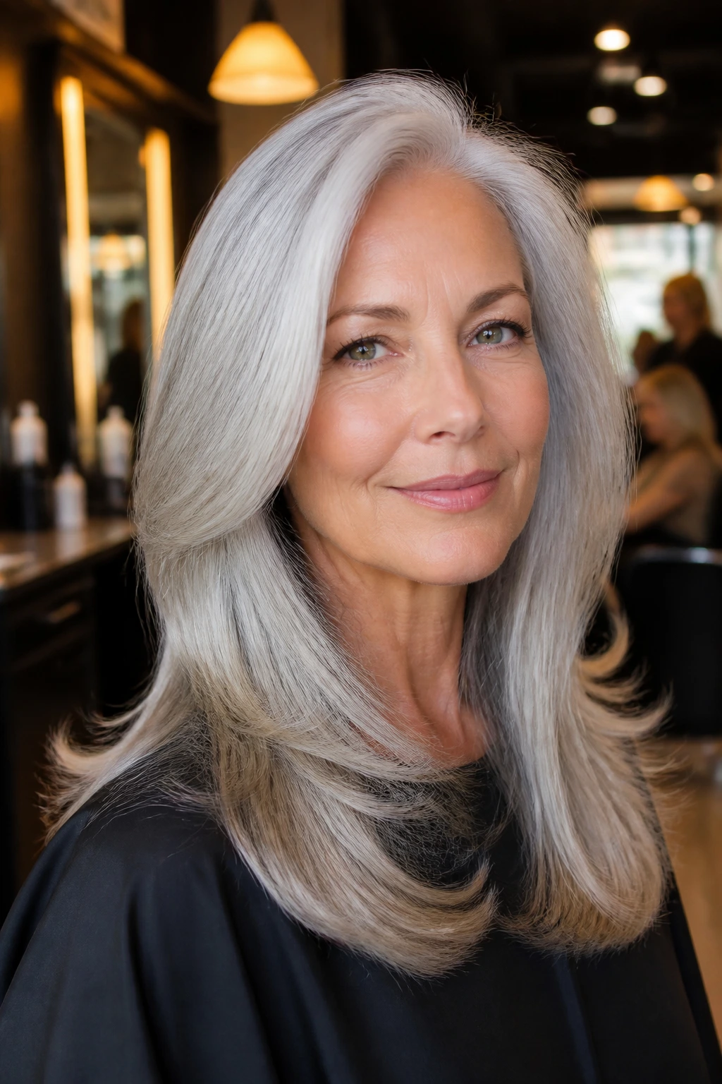 Portrait of a woman with a polished gray blowout and soft-ended curls