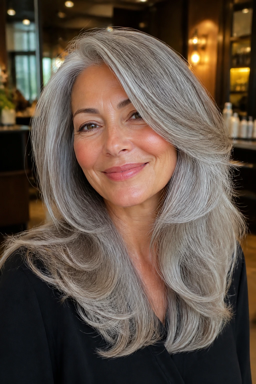 Close-up of gray hair in a voluminous blowout with swoopy ends