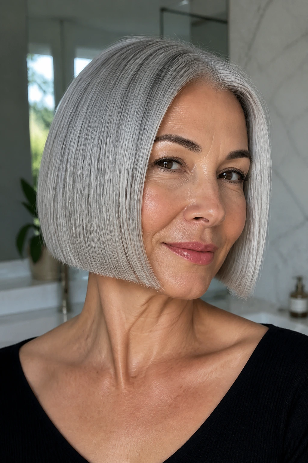 Real woman with a chin-length blunt bob in gray hair