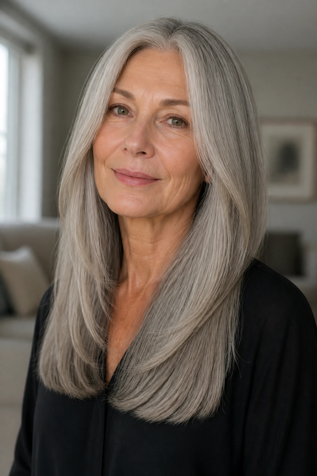 Close-up of a real woman with blunt ends and subtle internal layers in gray hair