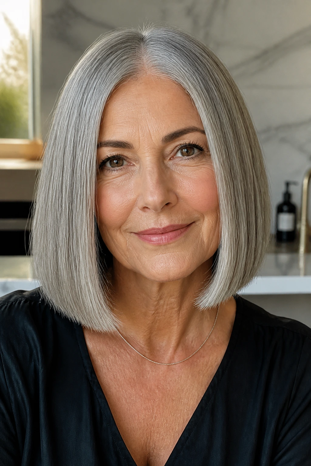 Close-up of a woman with blunt lob and glossy finish in a bright modern kitchen or bathroom.