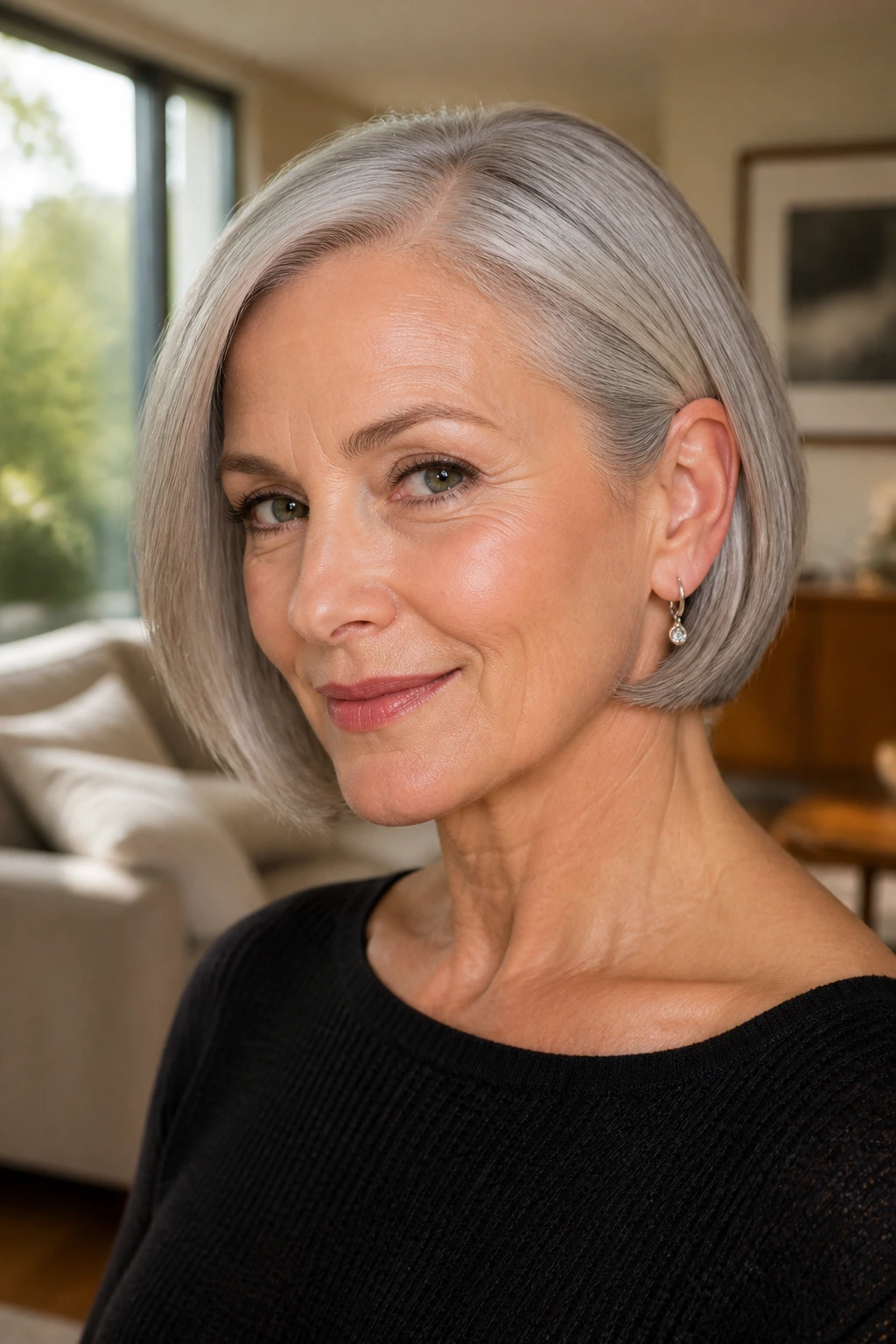 Close-up of an older woman with a tucked-behind-ear gray bob framing her jawline.