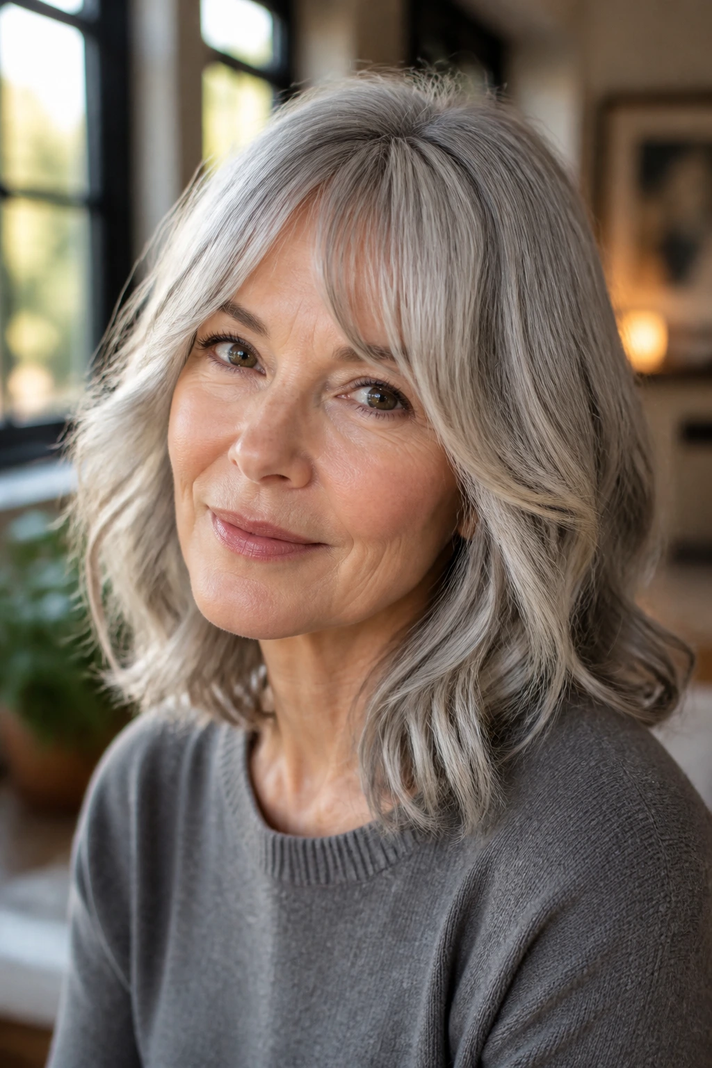 Portrait of a woman with bottleneck bangs and shoulder-length gray waves