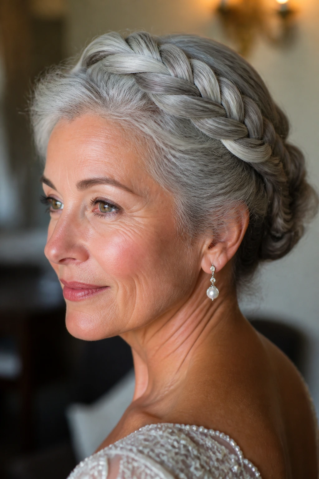 Close-up of a woman wearing a braided crown hairstyle with gray hair