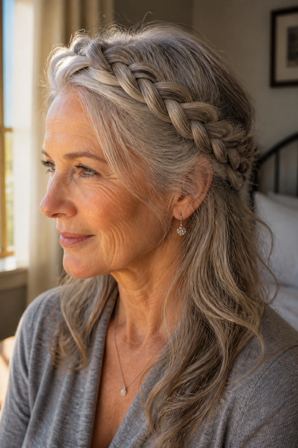 Close-up portrait of a real woman with a silver-gray braided crown and loose back ends