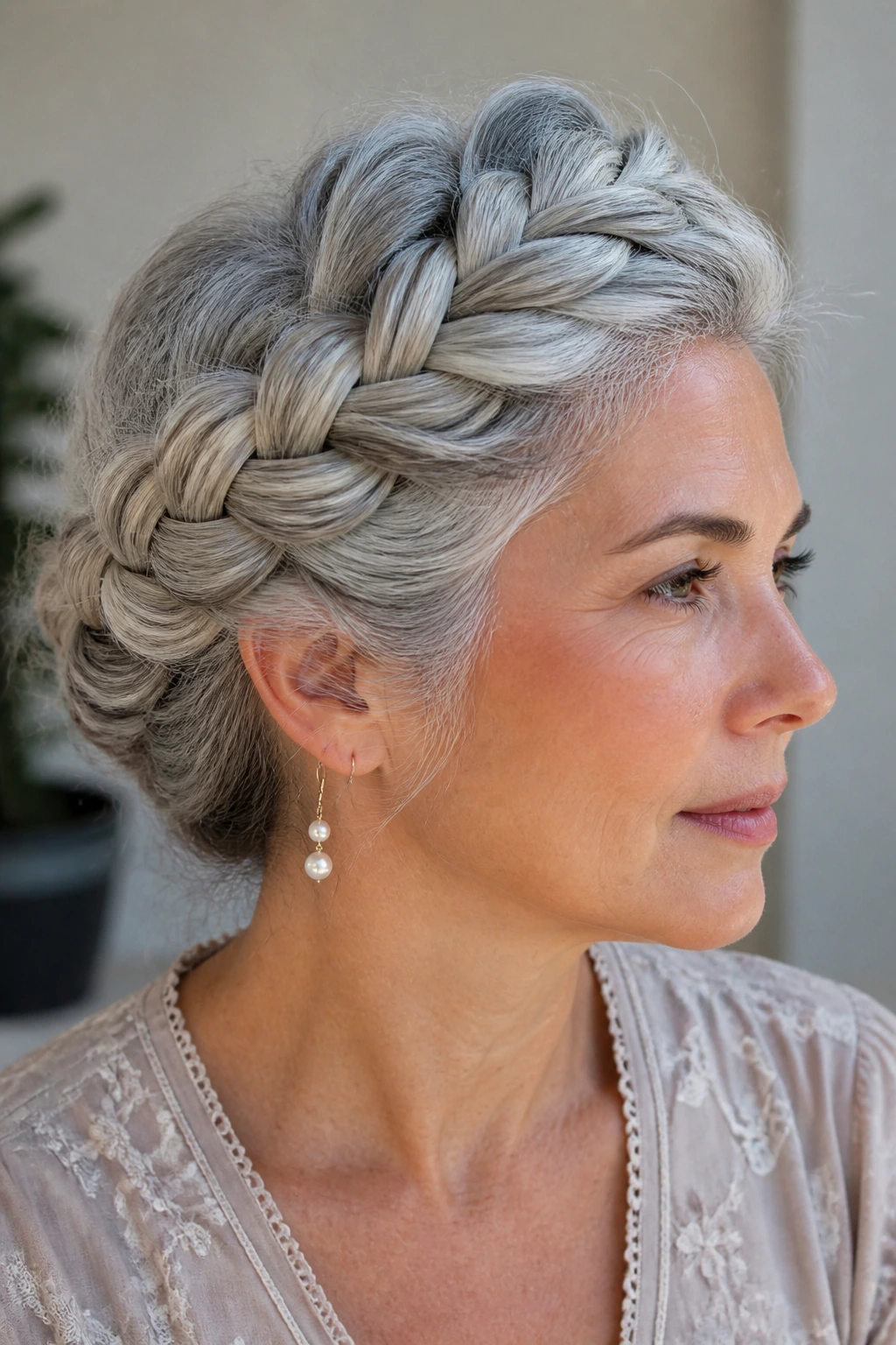 Close-up of thick silver hair in a braided crown