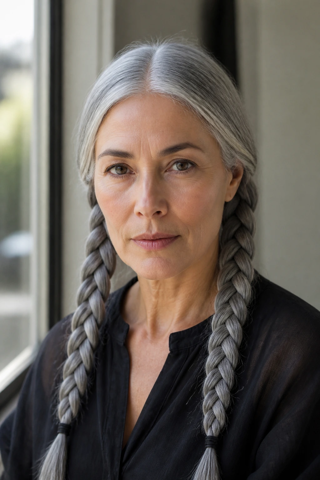 Close-up of a woman with long gray hair styled into two neat pigtails with a clean middle part