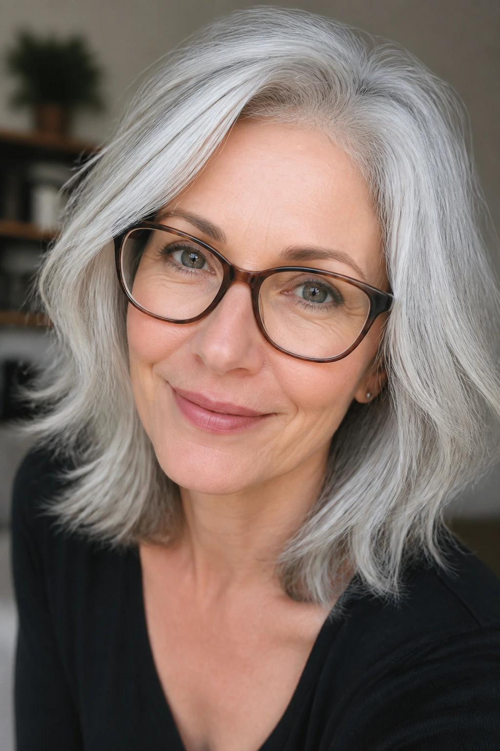 Close-up of silver-gray hair framing the face with bright shine