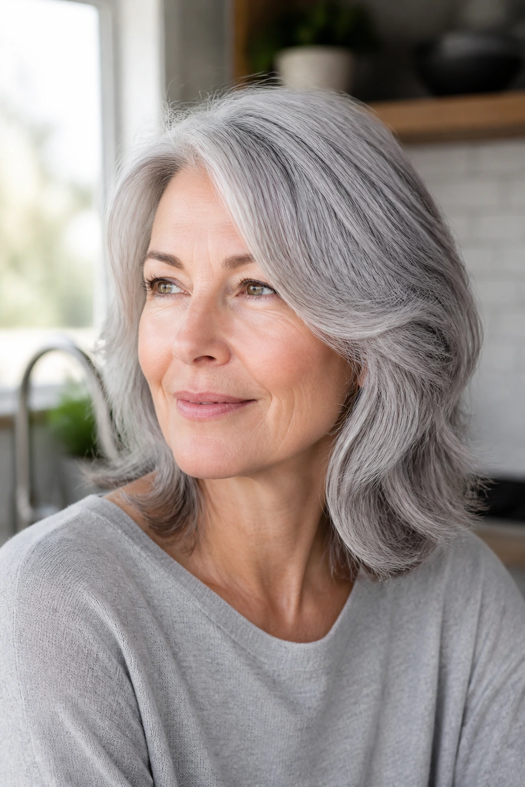 Portrait of a real woman with bright gray hair in natural light