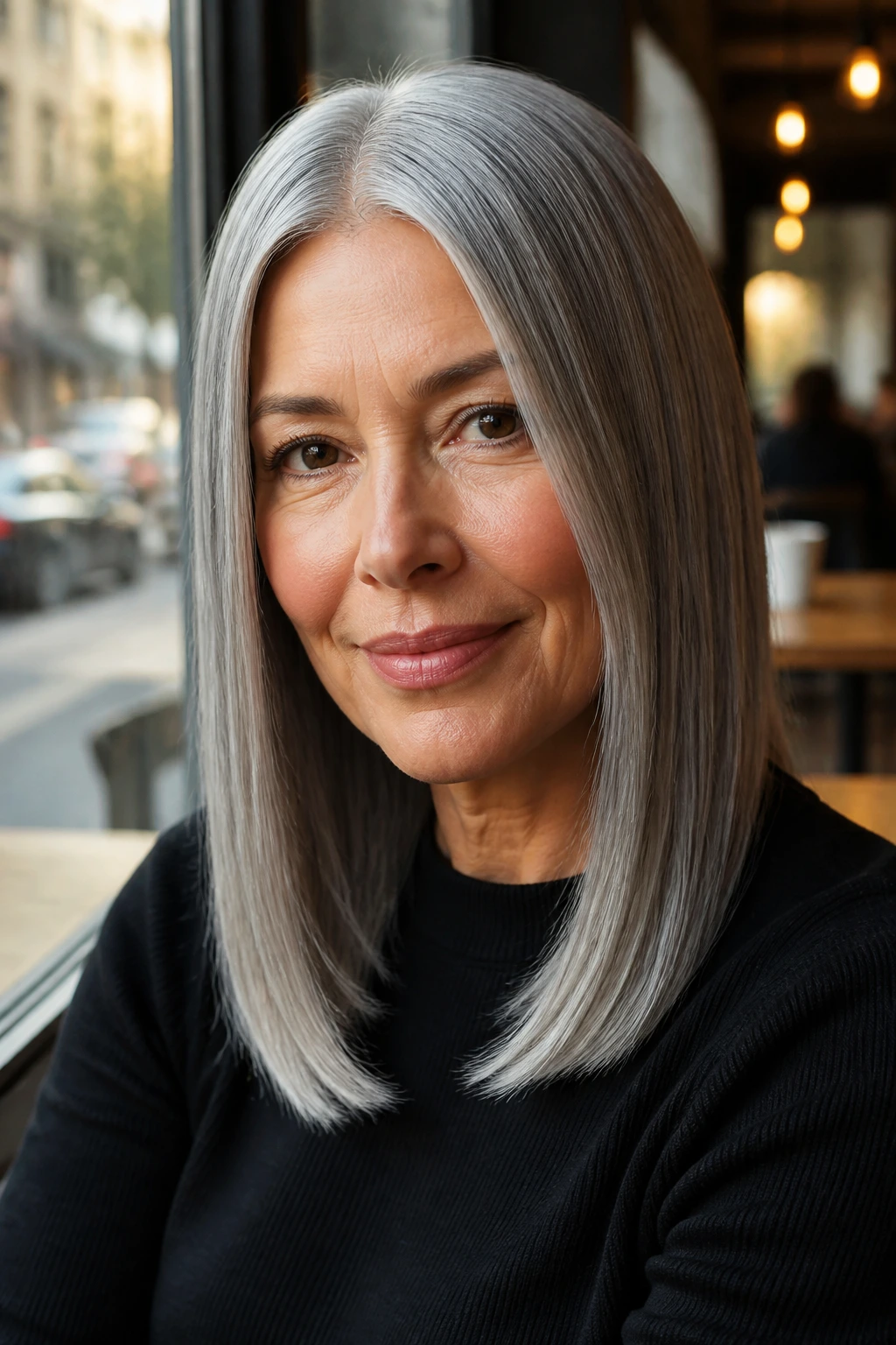 Close-up portrait of a gray-haired woman with a sleek center-part and glassy finish.