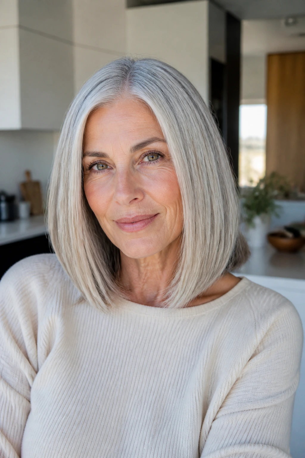 Portrait of a real person with a sleek center-part lob and polished ends