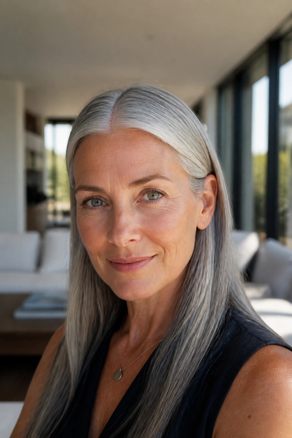 Close-up of a real woman with center-part gray hair tucked behind the ears