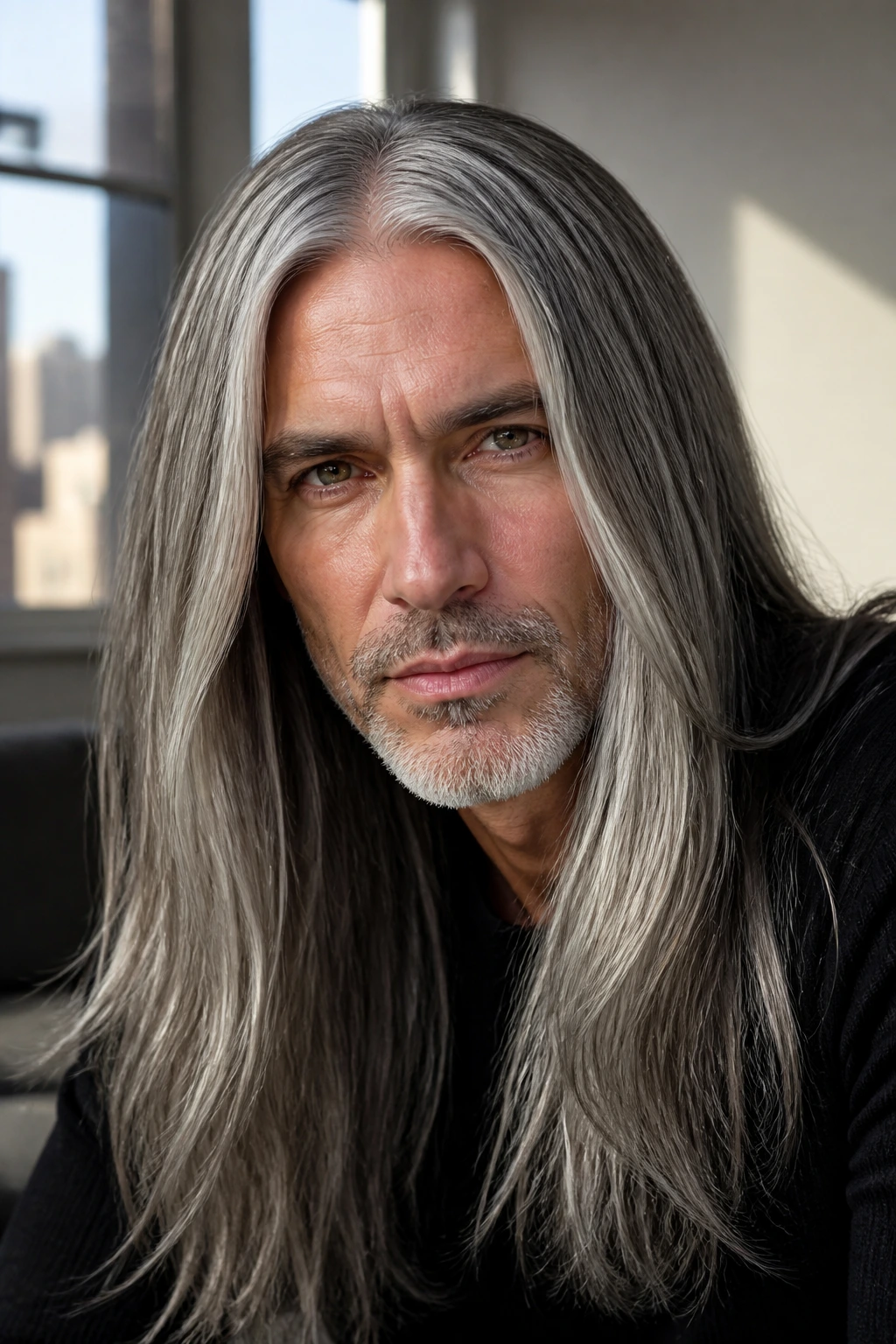Close-up portrait of a man with long gray hair and a center part