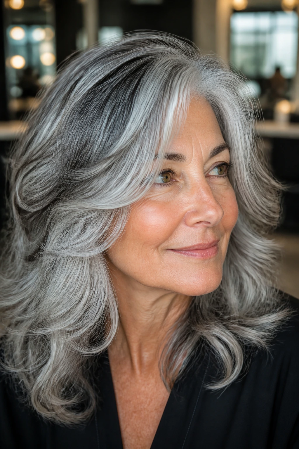 Close-up of gray hair with charcoal lowlights adding depth