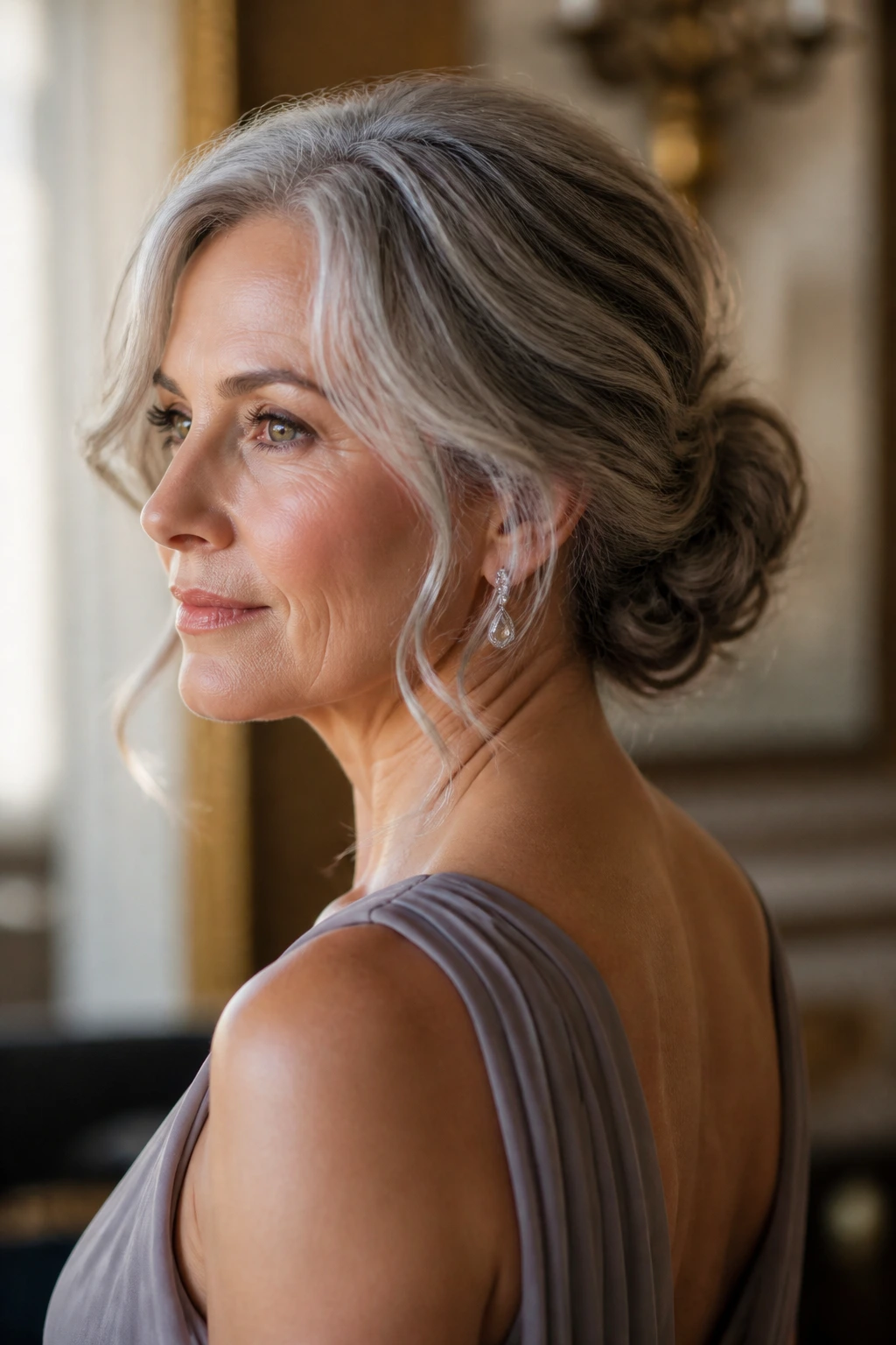 Close-up of a real woman with a low romantic chignon in warm indoor lighting