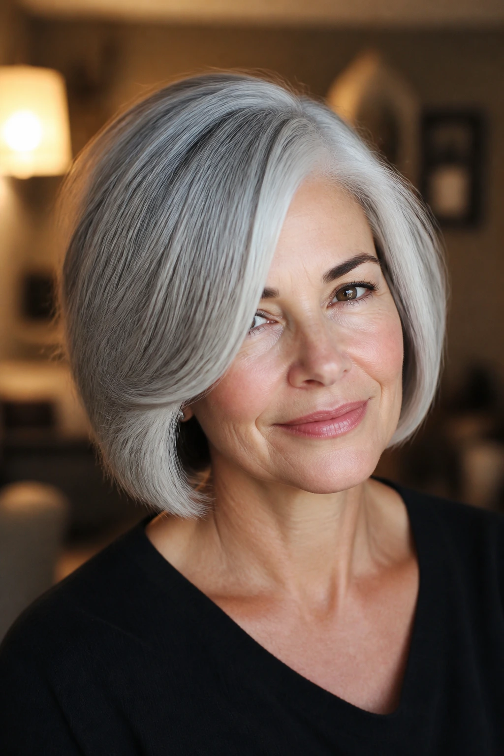 Close-up of a woman with a chin-length bob and deep side part in gray hair