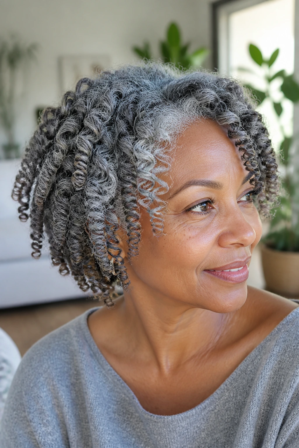 Close-up portrait of thick gray coils in twist-out with defined pattern