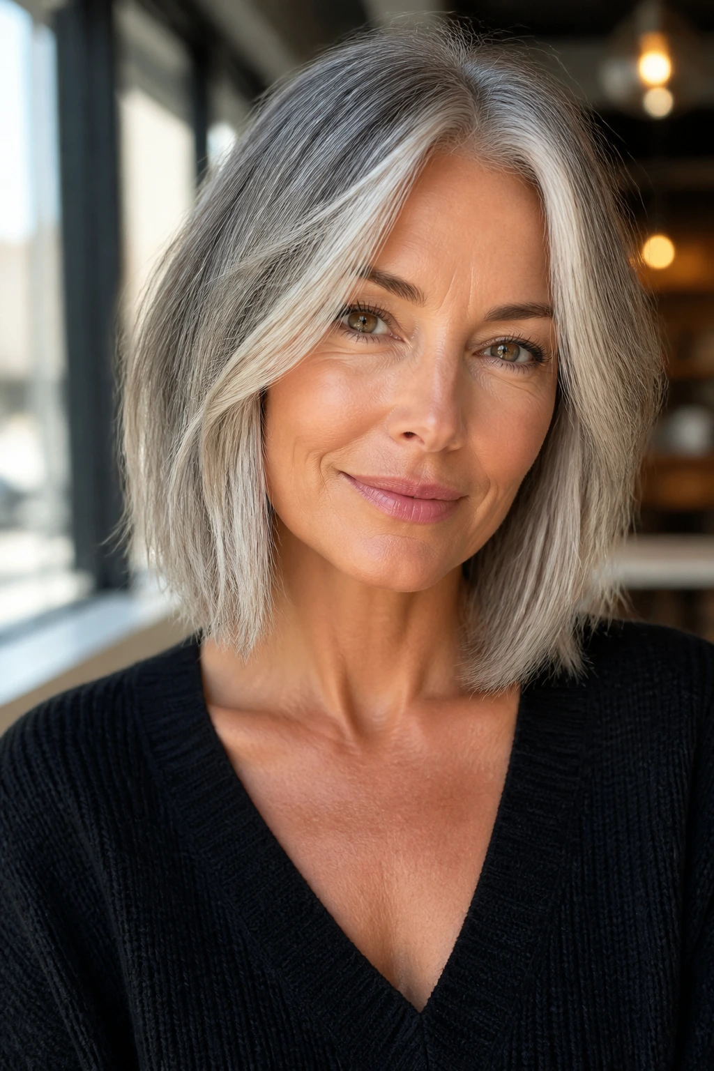 Real woman with collarbone gray bob and face-framing pieces in bright daylight