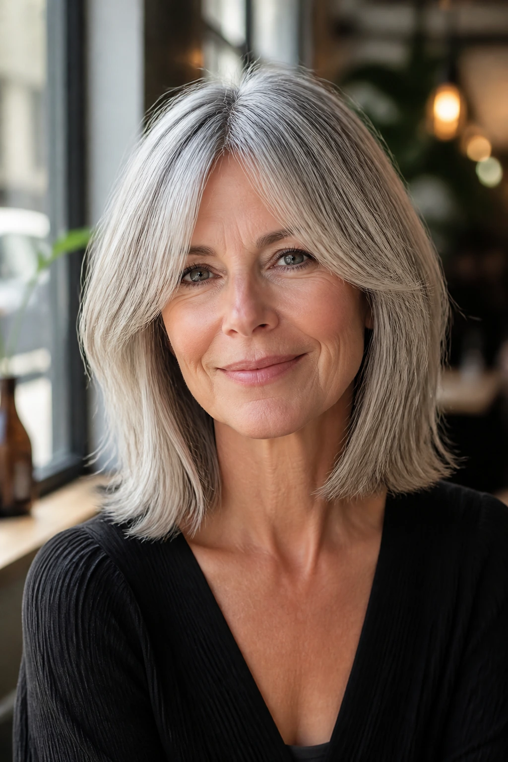 Real woman portrait with collarbone-length hair and curtain bangs
