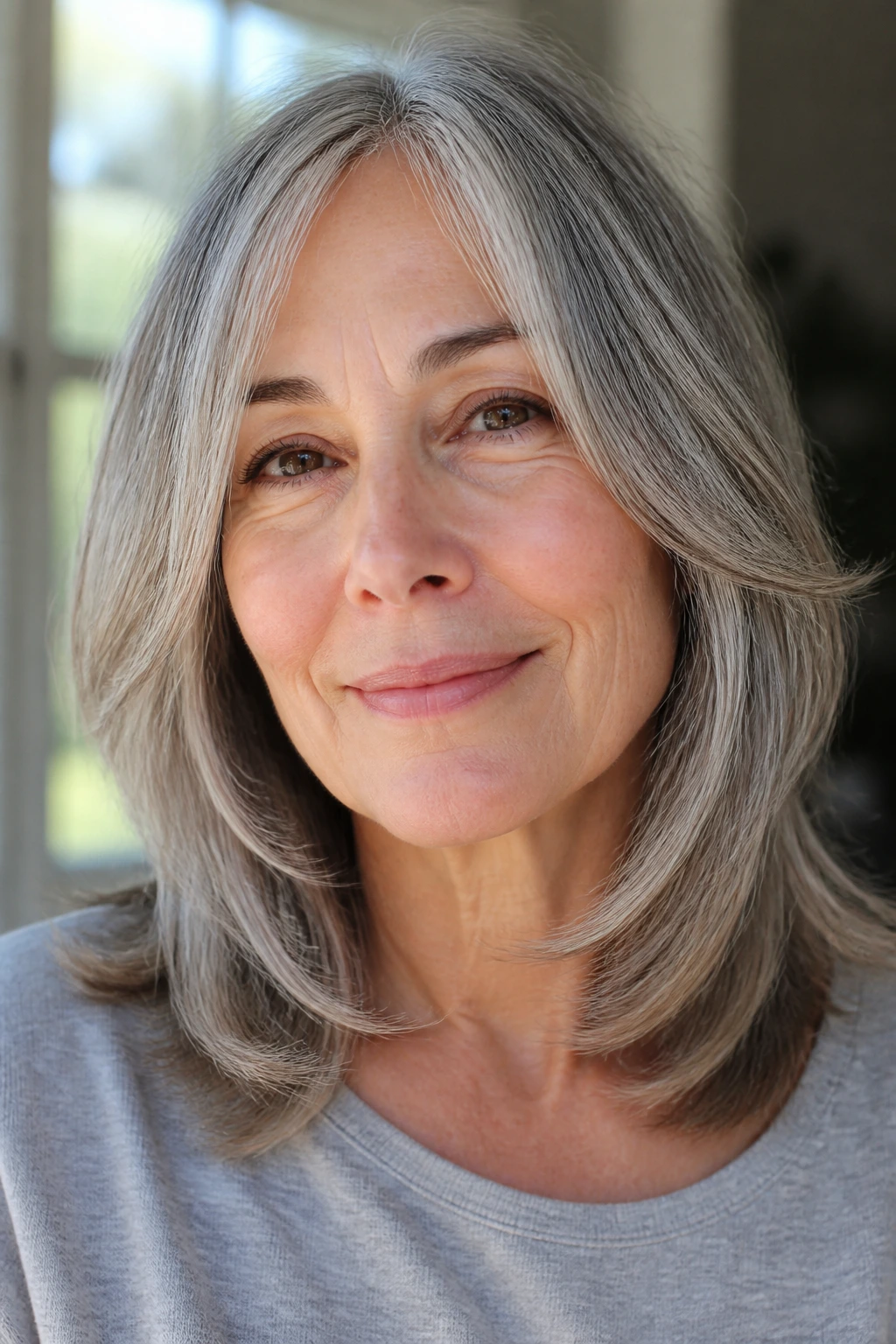 Real woman with feathered collarbone-length lob in gray hair